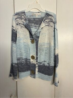 Curio Women Blue/grey Cardigan L  Artsy Cottage Core Boho Coastal Boxy Lagenlook